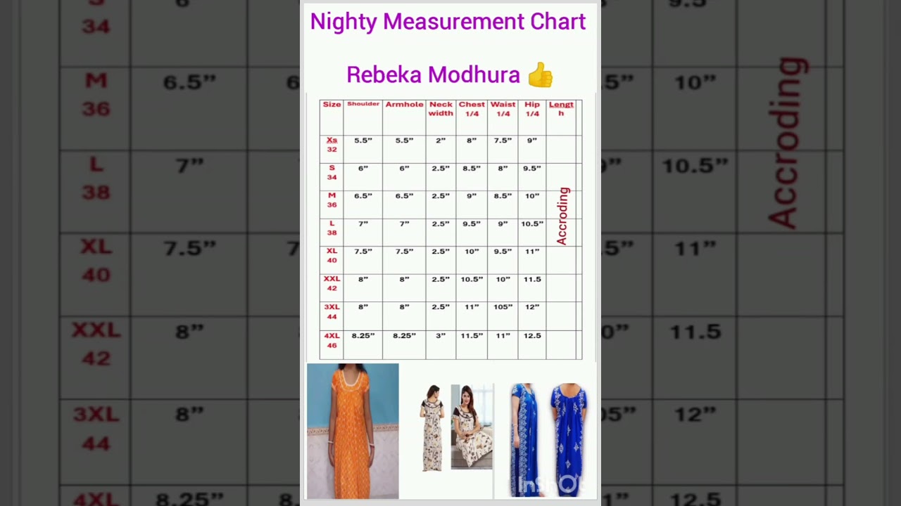 Nighty Measurement Chart size (28 to 46)