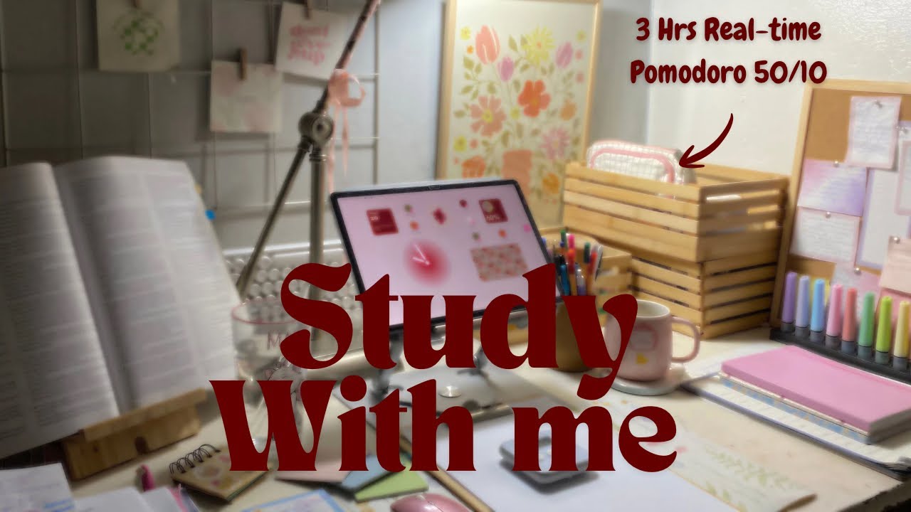 3 Hour STUDY WITH ME | Real time pomodoro (50/10) | Background noise+rain
