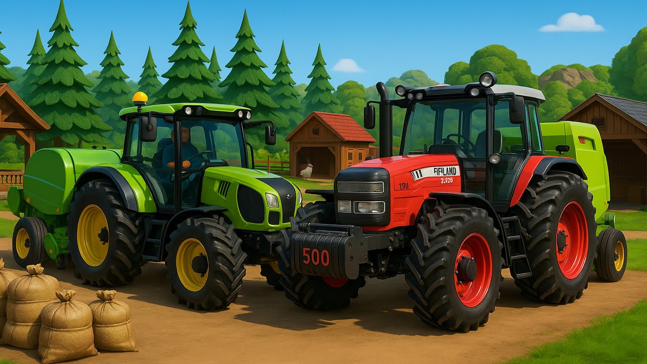 Hard Day on the Farm - Baling Straw with a Tractor, Bale Trailer and a Backhoe Loader in Action