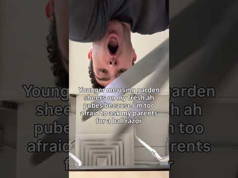 Head, Face, People. Text: Young Younger me using garden arden sheers on my fresh ah shee pubes because I'm too h ah afraid to ask my parents for a ball razor pube n too afraid rents
