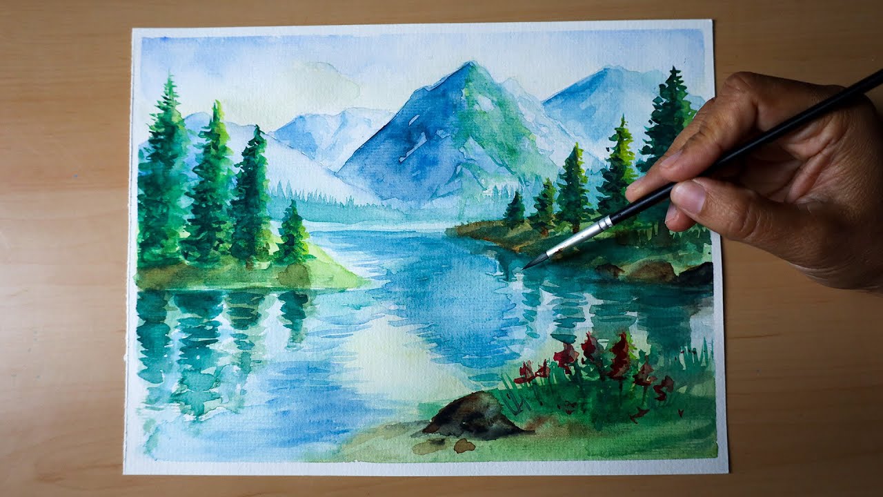 Easy Watercolor Landscape Painting | Peaceful Mountain Lake Scene for ...
