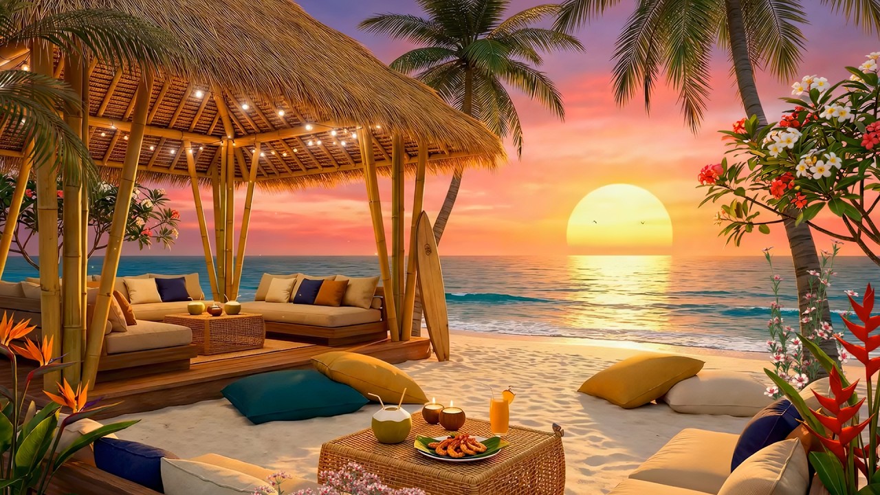 Кафе Sunset Beach с джазовой атмосферой | Расслабляющий мягкий джаз у океана 🌅🎷