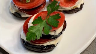 Very tasty aubergine appetizer. Eggplant sticks with mayonnaise and tomato