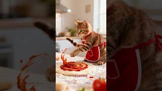 tabby kitten in a red apron making pizza in a cozy