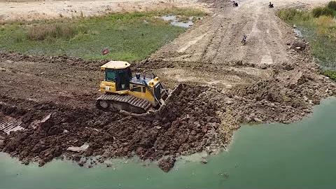 Incredible 50% Completed Of The Project Make Roads On The Deep Water By Power Bulldozer