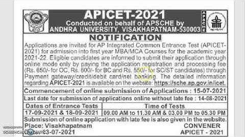 AP ICET 2021 Notification for MCA and MBA admissions 2021-22