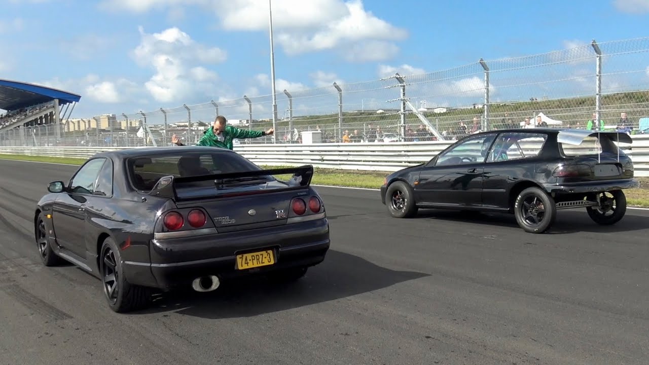 JDM Dragrace - 500+HP Honda Civics Turbo VS. WRX STI, 450HP Evo, Skyline R33 GTR, Aristo, Glanza!