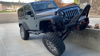 Jeep JK Full Flex RTI score 1030.  34” of flex with 96.6” wheel base. Teraflex and Falcon equipped.