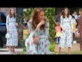 The Duchess of Cambridge in Floral Motif Belted Midi Shirt Dress in Light Blue