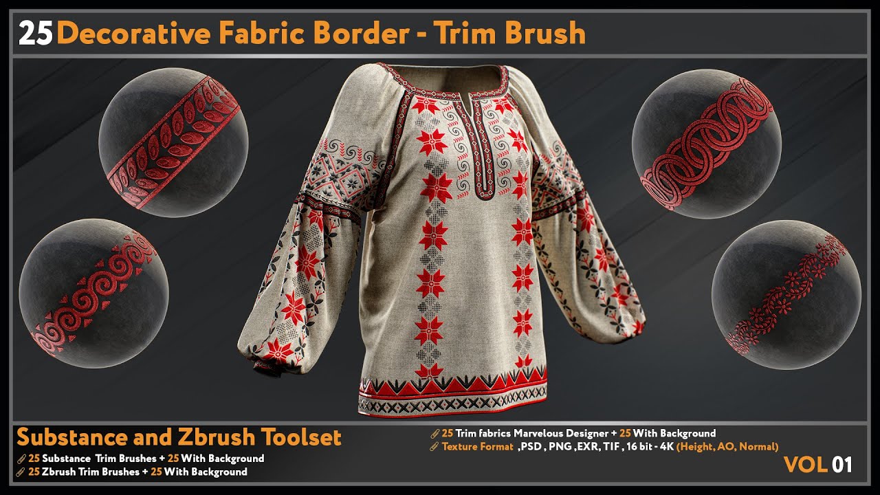 How to use Decorative Fabric Border Trim Brushes(Zbrush, marvelous Designer, Substance painter)