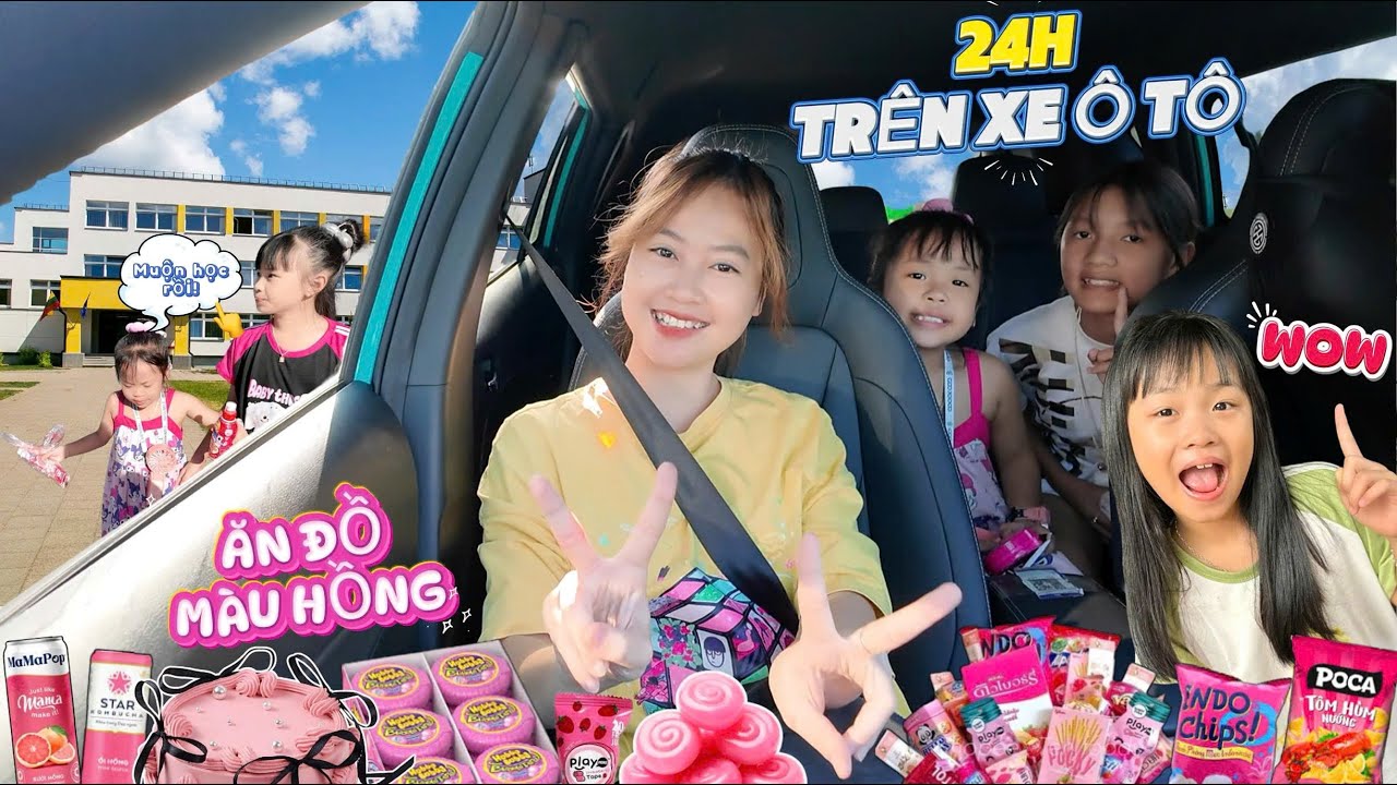Thử Thách 24h Ăn Đồ Màu Hồng Trên Xe Ô Tô Hà 🚗 Mint Vy Suýt Trễ Học, Mẹ Hà Hí Vội Vã Đưa Về Bắc Ninh