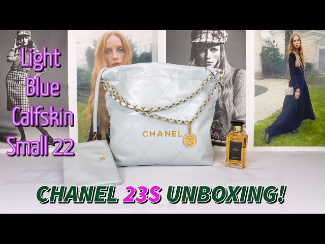Chanel 23S Light Blue Calfskin Small 22 with Antique Gold Hardware. 