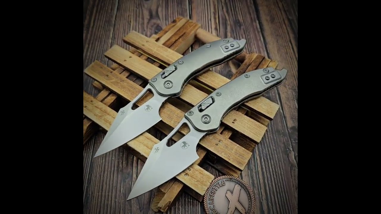 Microtech M-Stitch Ram-Lok Antique Blue Titanium Slab Side