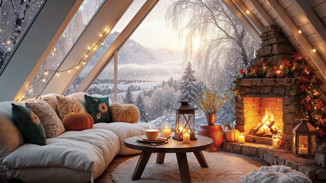 Cozy Cabin by the Snowy Forest & Mountains at Sunset ❄️🔥 Crackling Fireplace & Cappuccino Ambience
