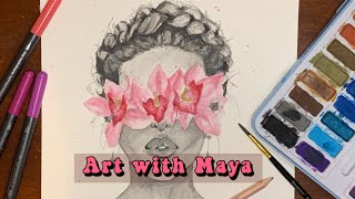 Drawing Orchid Blindfold Lady Art With Maya Watercolor Painting