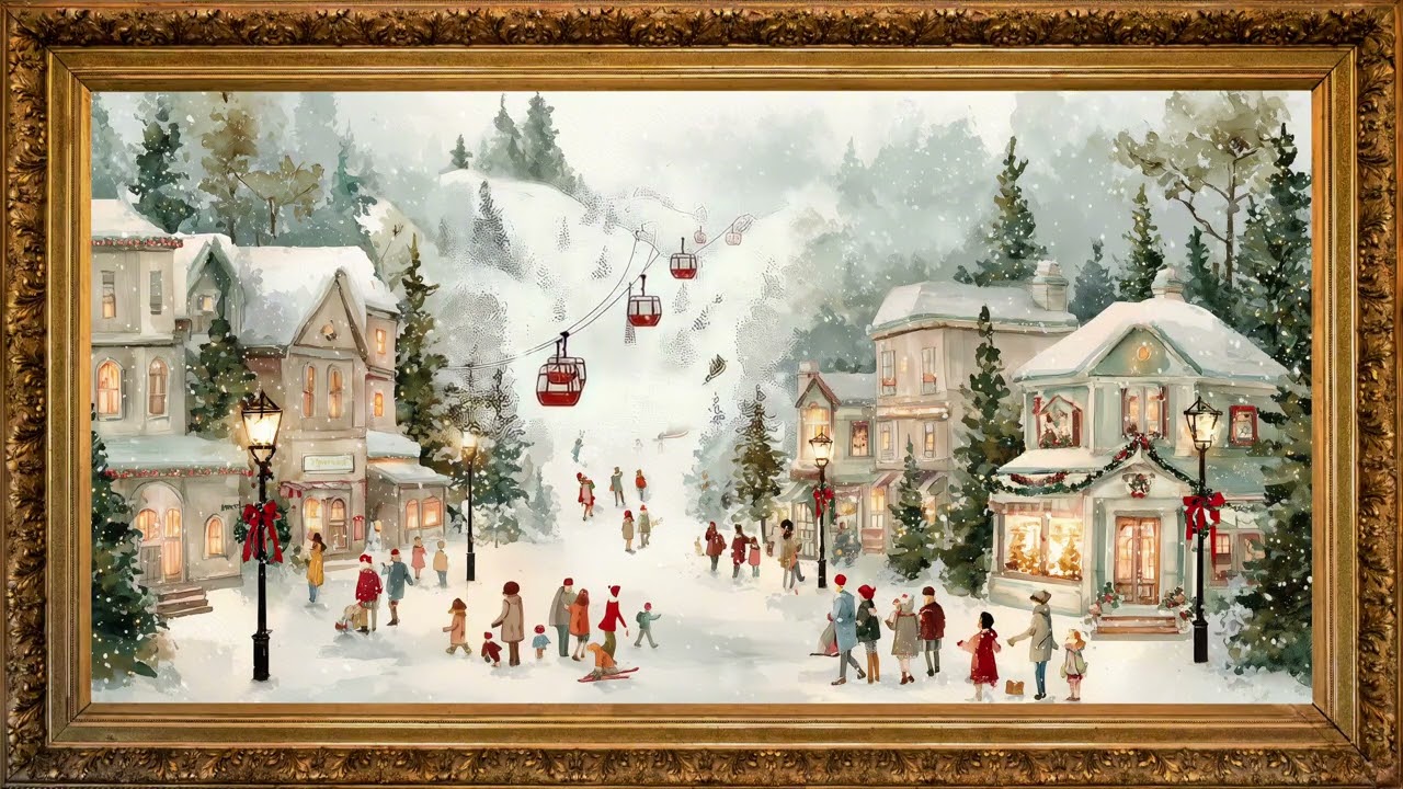 Animated winter wonderland ski town | Golden tv screensaver framed snowfall with music HDR