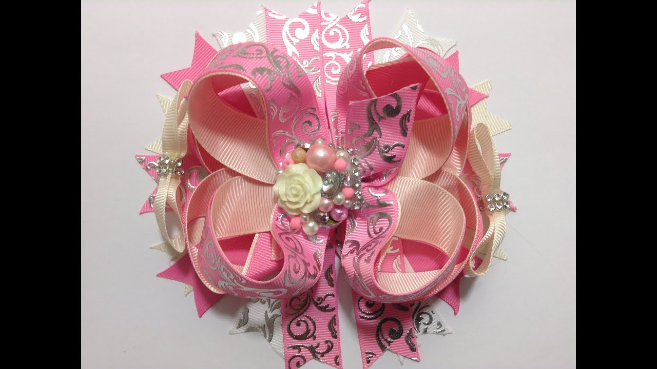 Moño boutique doble en color rosa, beich  y plata VIDEO No. 340