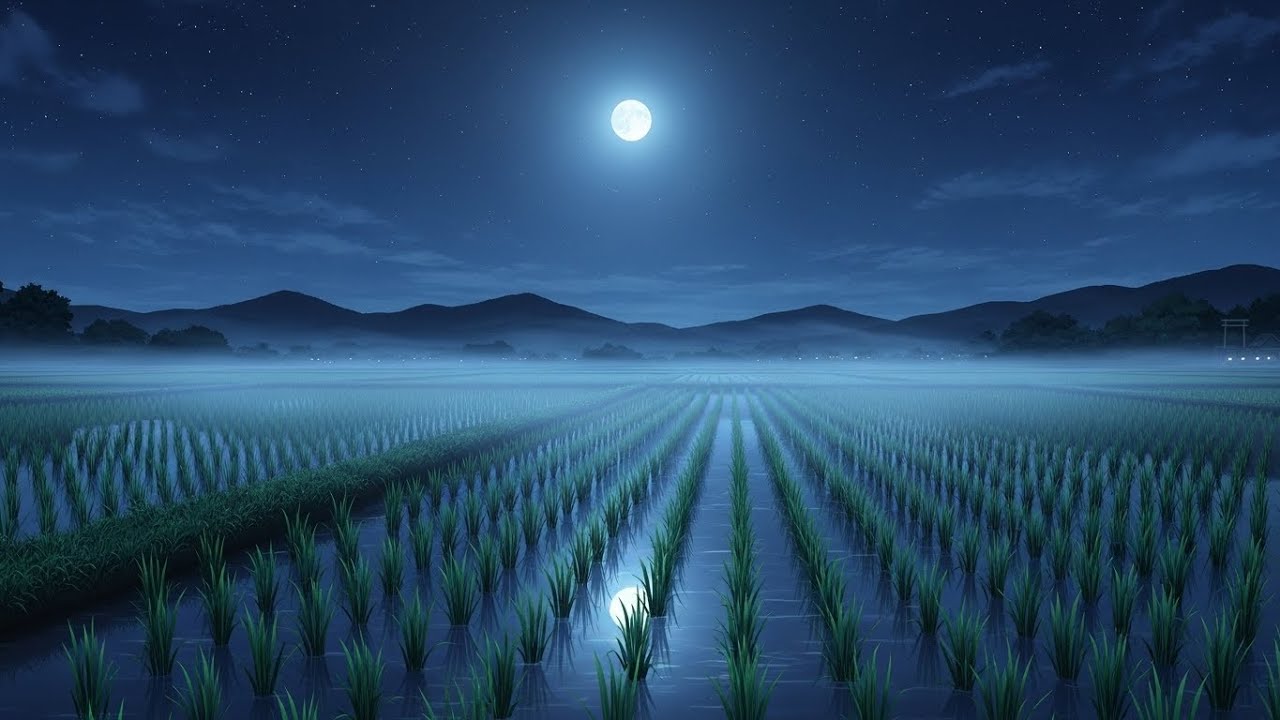 Night-Soaked Chill Lofi Energy Settling Over Rice Fields Filled With Warm Gentle Breezes