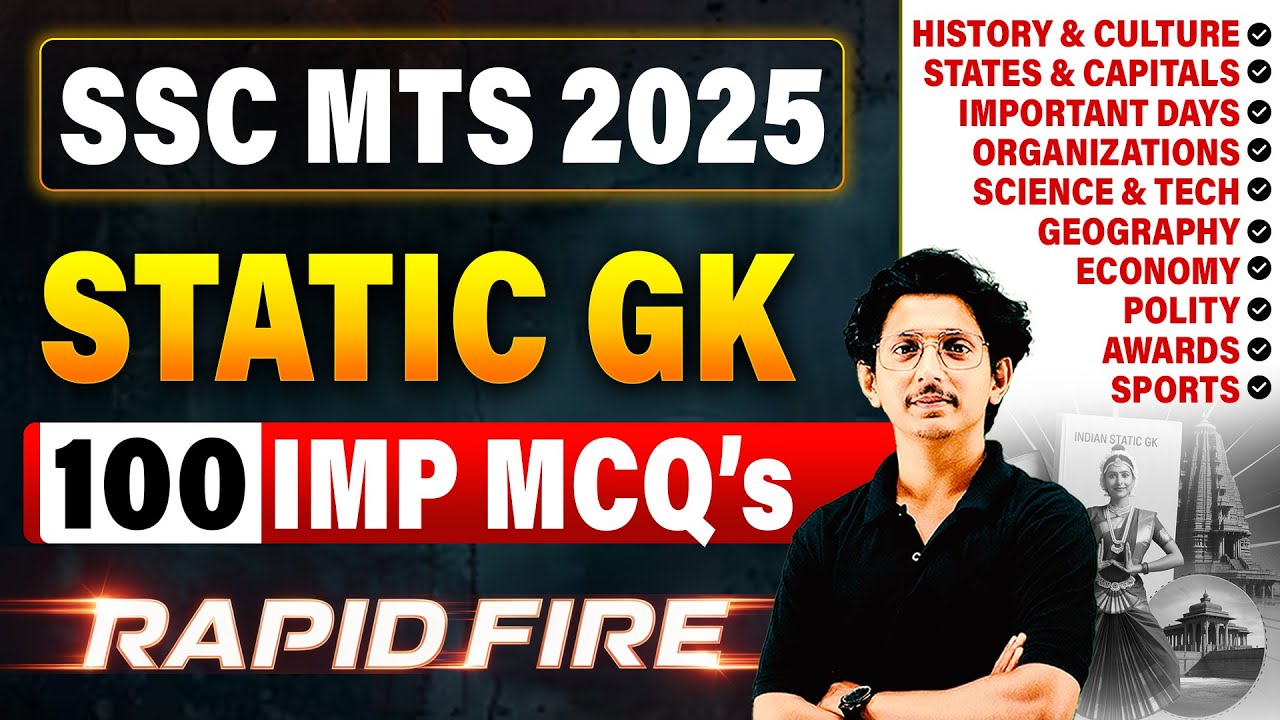 SSC MTS 2025 Static GK | 100 Important MCQs | Rapid Fire Revision for Exam | By Ravi Sir