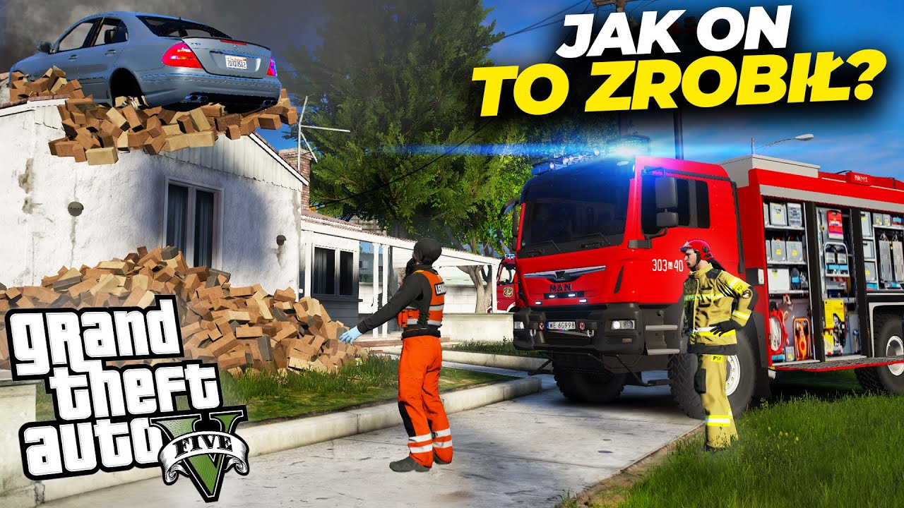Polska Straż Pożarna - WYLĄDOWAŁ AUTEM NA DACHU🤕| GTA V