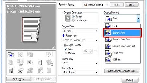 Sending a print job using the Secure Print feature in the Konica Minolta print driver.