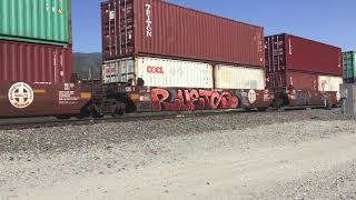 BNSF 7032 Leads Northbound stack train passes through Blue cut CA