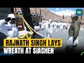 Defence minister rajnath singh lays a wreath at war memorial in siachen base camp