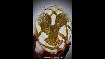 Ostrich Egg Carved with Barn Owls and Trees