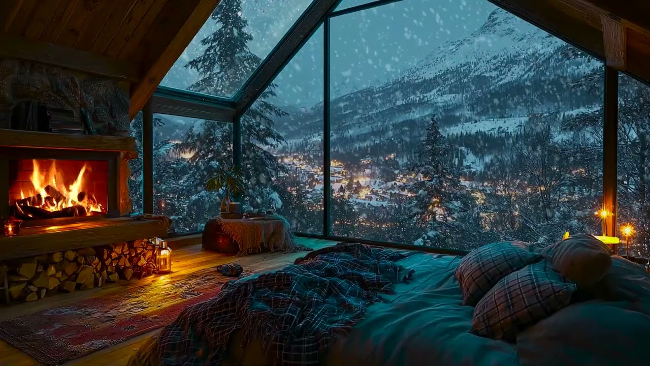 Gentle Fireplace Crackles and Falling Snow Create a Peaceful Winter Cabin Night for Sleep
