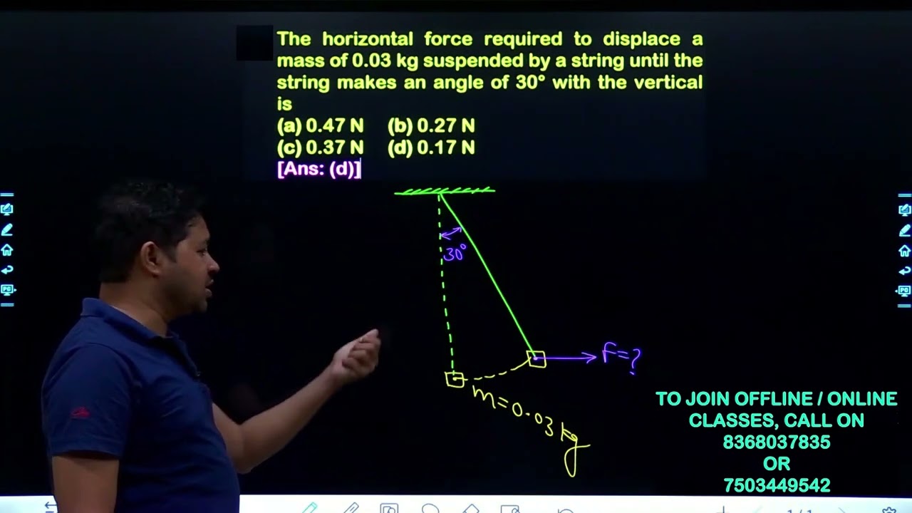 The horizontal force required to displace a mass of 0.03 kg suspended by a string until the string m