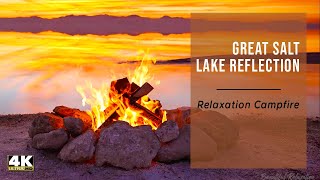 SUNSET CAMPFIRE REFLECTION on the GREAT SALT LAKE - with Crackling Fire Sound, Relaxing 4K Video