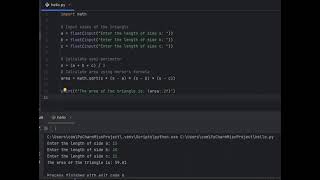 Here’s a simple Python program to calculate the area of a triangle using Heron’s formula . triangle