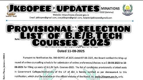 Provisional selection list| B.E| B.Tech courses 2025....#jkbopee #engineering #btech #jk 