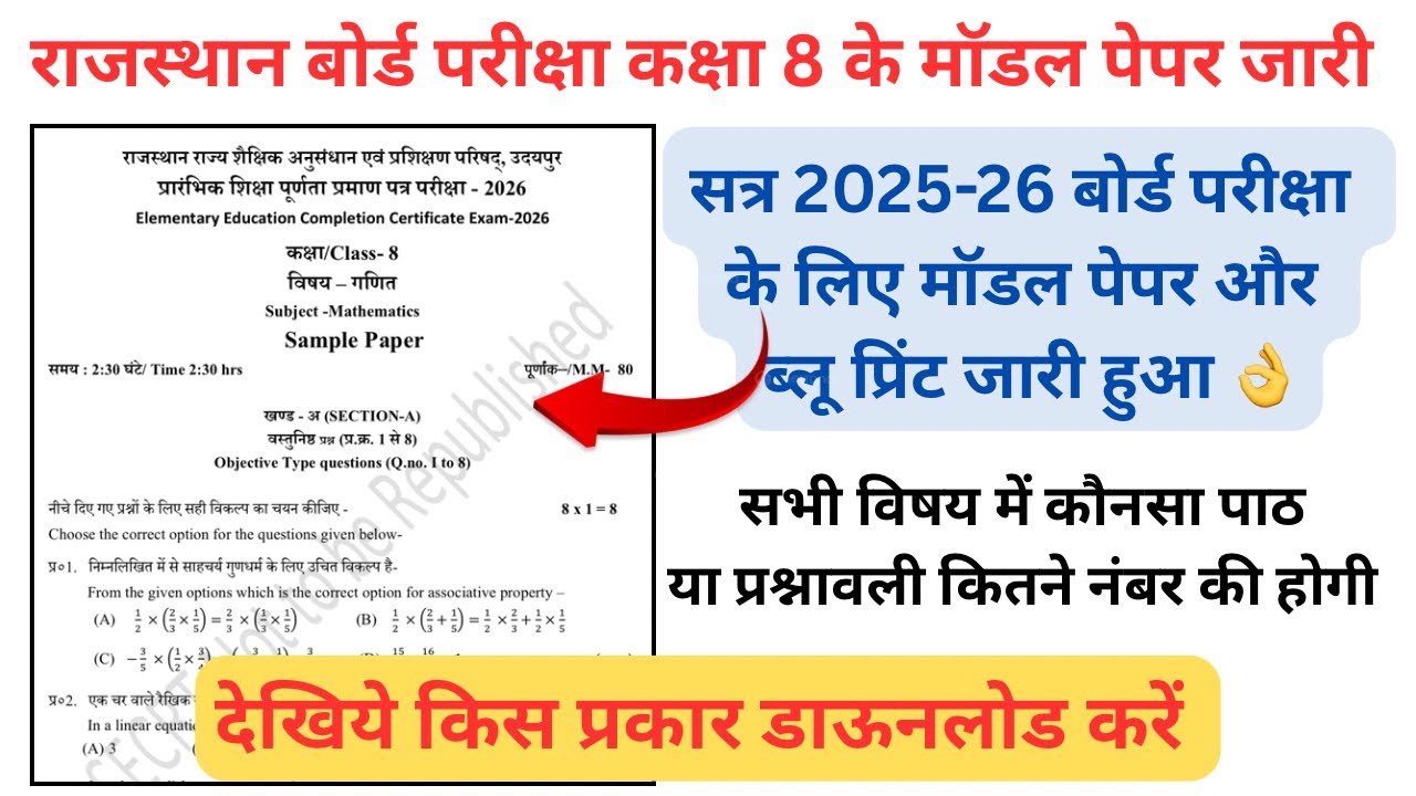 Rajasthan board class 8 model paper 2026 | Rbsc blueprint 2026 class 8 all subjects 