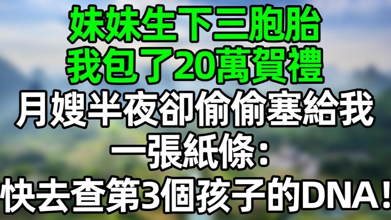 妹妹生下三胞胎，我包了20萬賀禮送她，月嫂半夜卻偷偷塞給我一張紙條：快去查第三個孩子的DNA！#深夜淺讀 #夜讀人生 #大橘講故事  #情感故事 #講故事  #幸福生活 #深夜故事