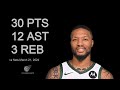 Damian lillard 30 pts 12 ast 3 reb vs nets  march 21 2024 