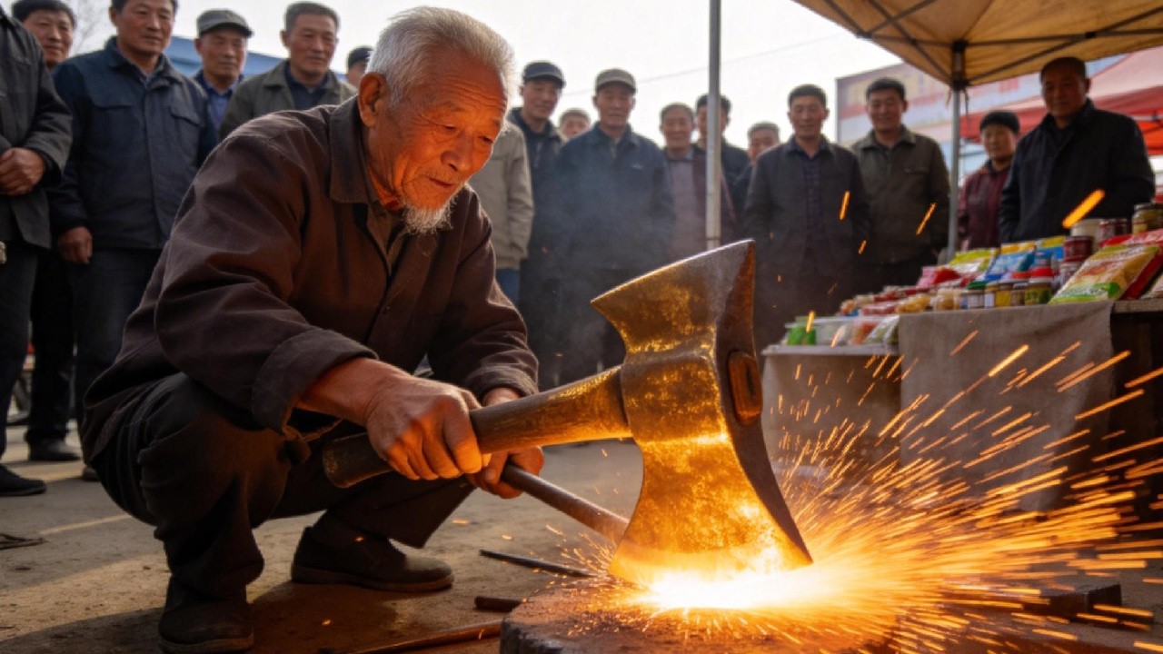 70岁老铁匠赶集修农具，斧头生锈都快烂了，维修一下更新的一样还能用50年！【老登】