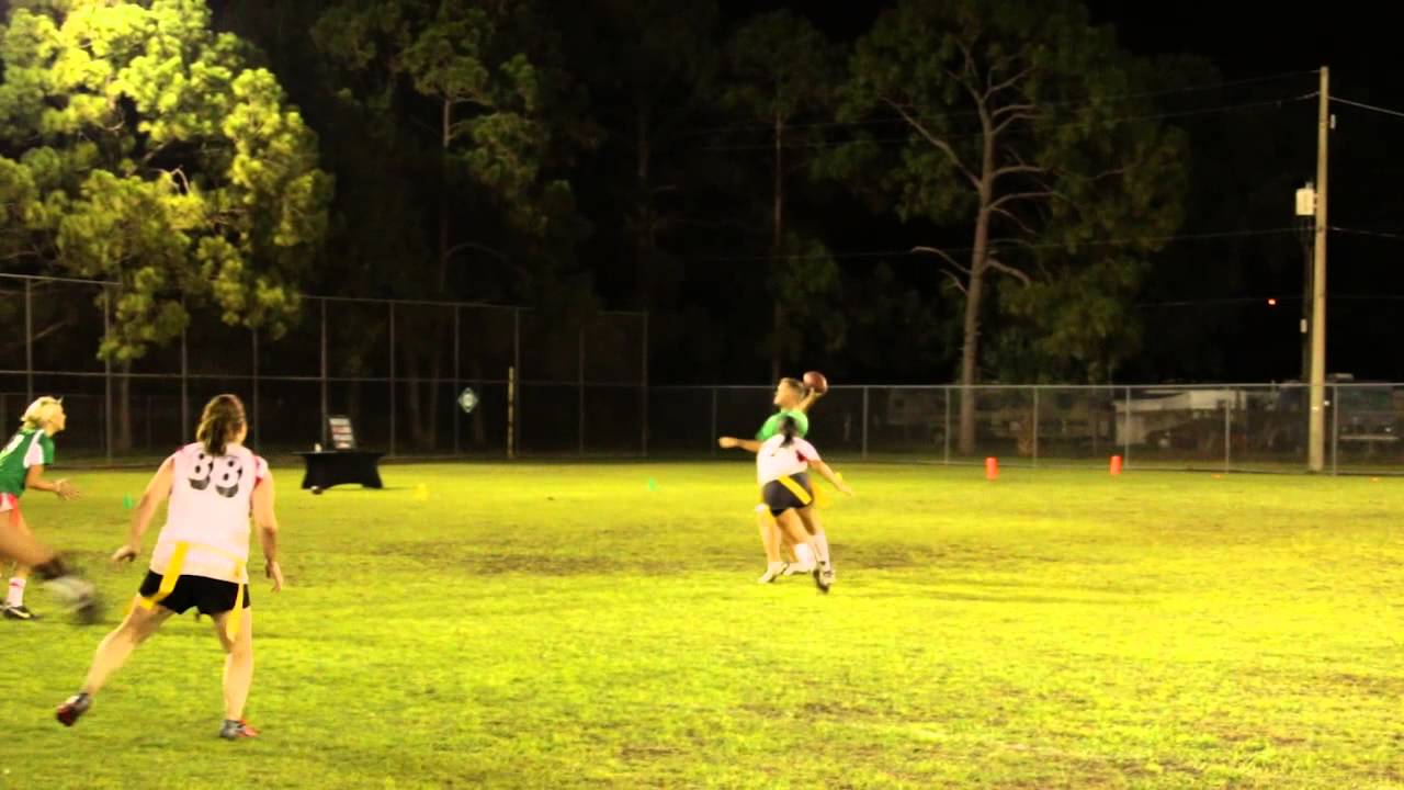 FlagFootbal 072814 GreenVsWhite Andre throws Int to Brandon J