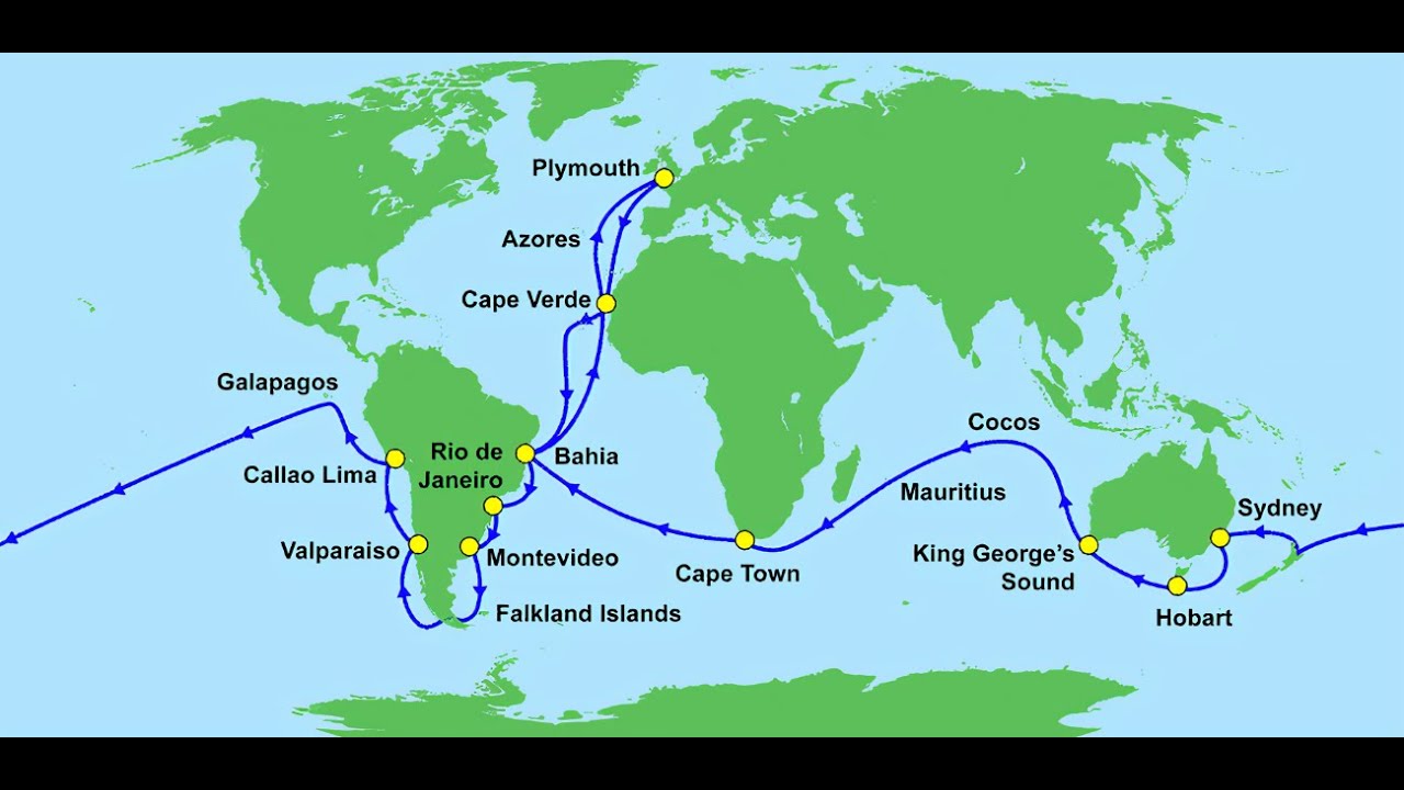 Ч дарвин кругосветное путешествие. Маршрут Чарльза Дарвина на корабле Бигль. Карта путешествия Чарльза Дарвина на корабле Бигль. Маршрут путешествия Чарльза Дарвина.