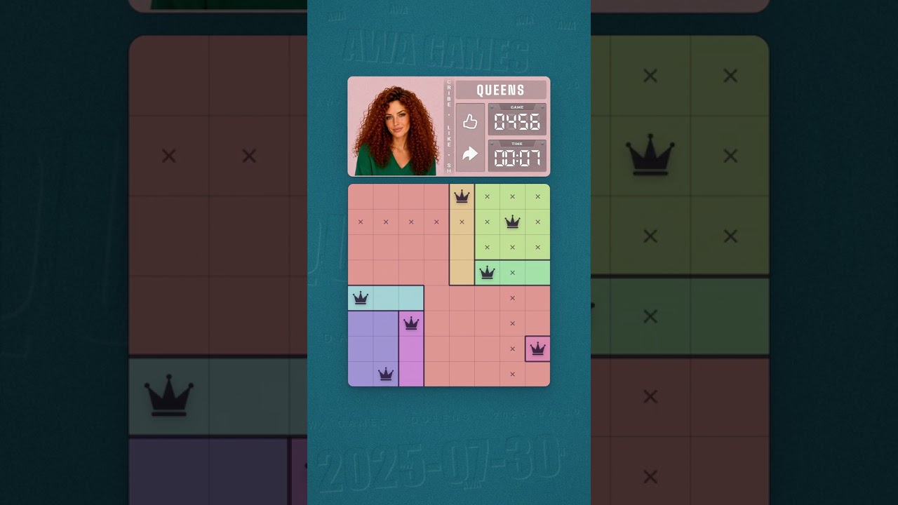 LinkedIn Queens #456 solved board for July 30, 2025, 8x8 grid