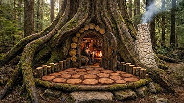 Build a Warm Shelter Inside a Giant Ancient Tree | 100 Days to Build a Treehouse