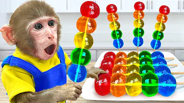 KiKi Monkey challenge cooking Satisfying Rainbow Jelly Dessert & ASMR Color Food | KUDO ANIMAL KIKI