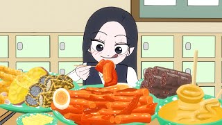 수업 중 몰래 떡볶이 분식 먹방 (튀김, 순대) | Sneaky Tteokbokki Mukbang in Class | Animation ASMR