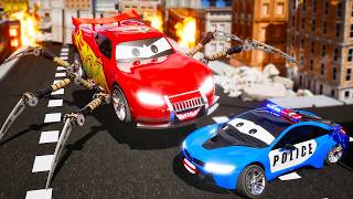Robot Spider Lightning McQueen vs Color Police Cars 😱 | Epic City Chase Battle screenshot 1