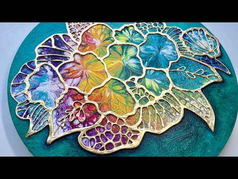 Acrylic pour fluidart with golden relief cells