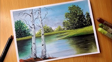 Oil Pastel Nature Drawing for Beginners / TREES BY THE LAKE /  Oil Pastel Landscape Scenery Drawing