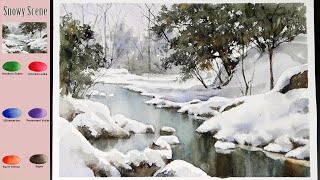 Winter Landscape Watercolor - Snowy Scene (color mixing view) NAMIL ART