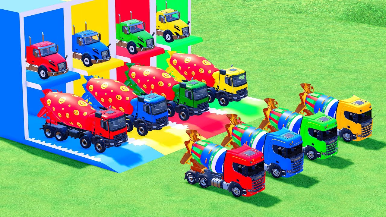 Garage with Colors - ALL MIXER TRUCK WITH DOUBLE FLATBED TRAILER TRUCK, SCANIA, MACK #69 - FS22