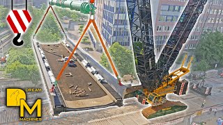 View from above! Awesome 600 ton crawler crane installing railway bridge Liebherr LR 1600/2
