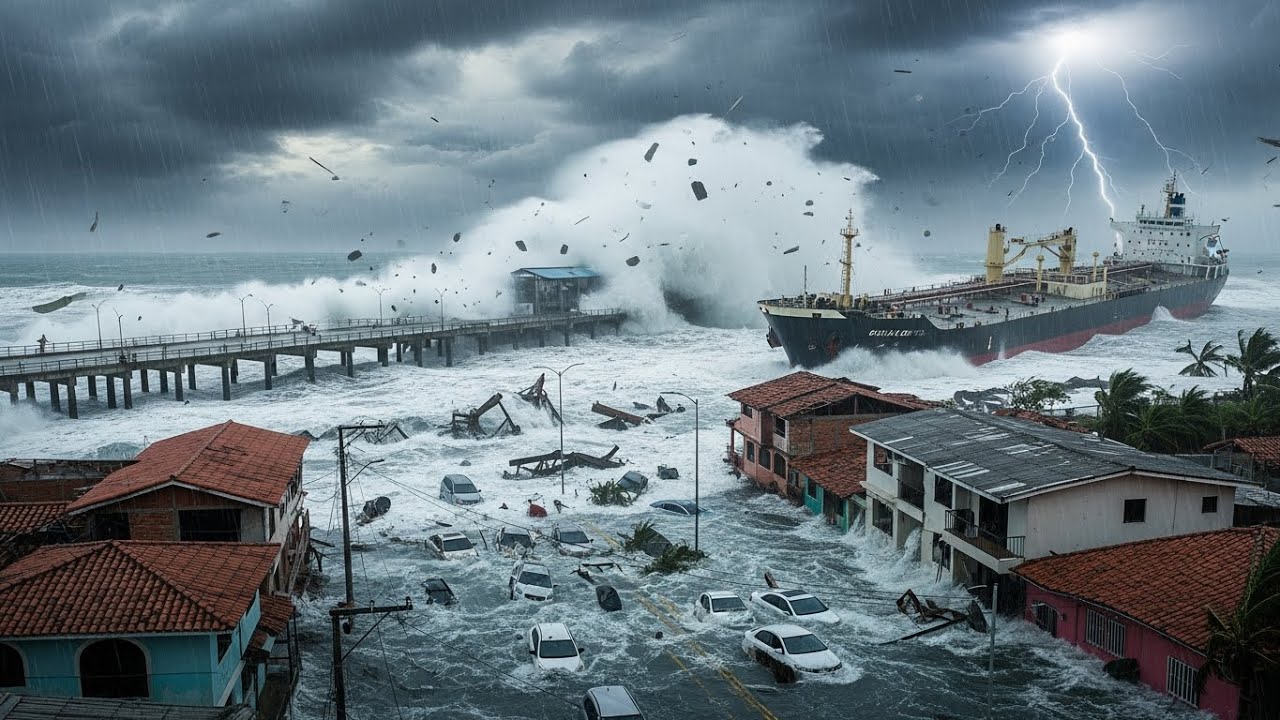 Chaos in Colombia Today! Giant Huge Waves Slams Pier, Ship, Homes in Cartagena Santa Marta
